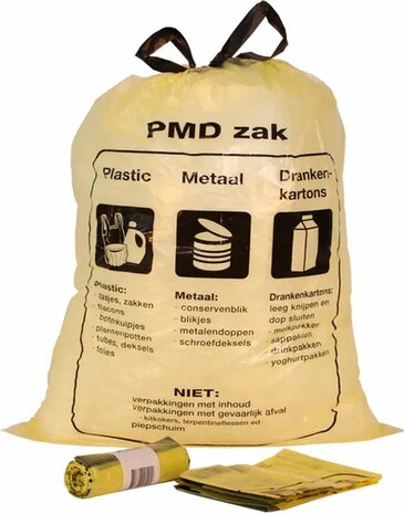 Afvalzakken PMD 60 liter - 61x80+5cm - MDPE - Geel transparant - Doos 50 rollen &agrave; 10 stuks
